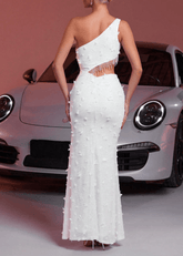 Celia | Stunning White One Shoulder Fringe Butterfly Prom Dress with Slit - White - PromDressClub